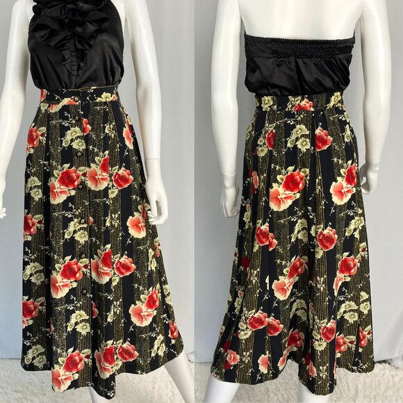 Vintage 90s gothic rose button-through midi skirt black medium - Picture 2 of 7